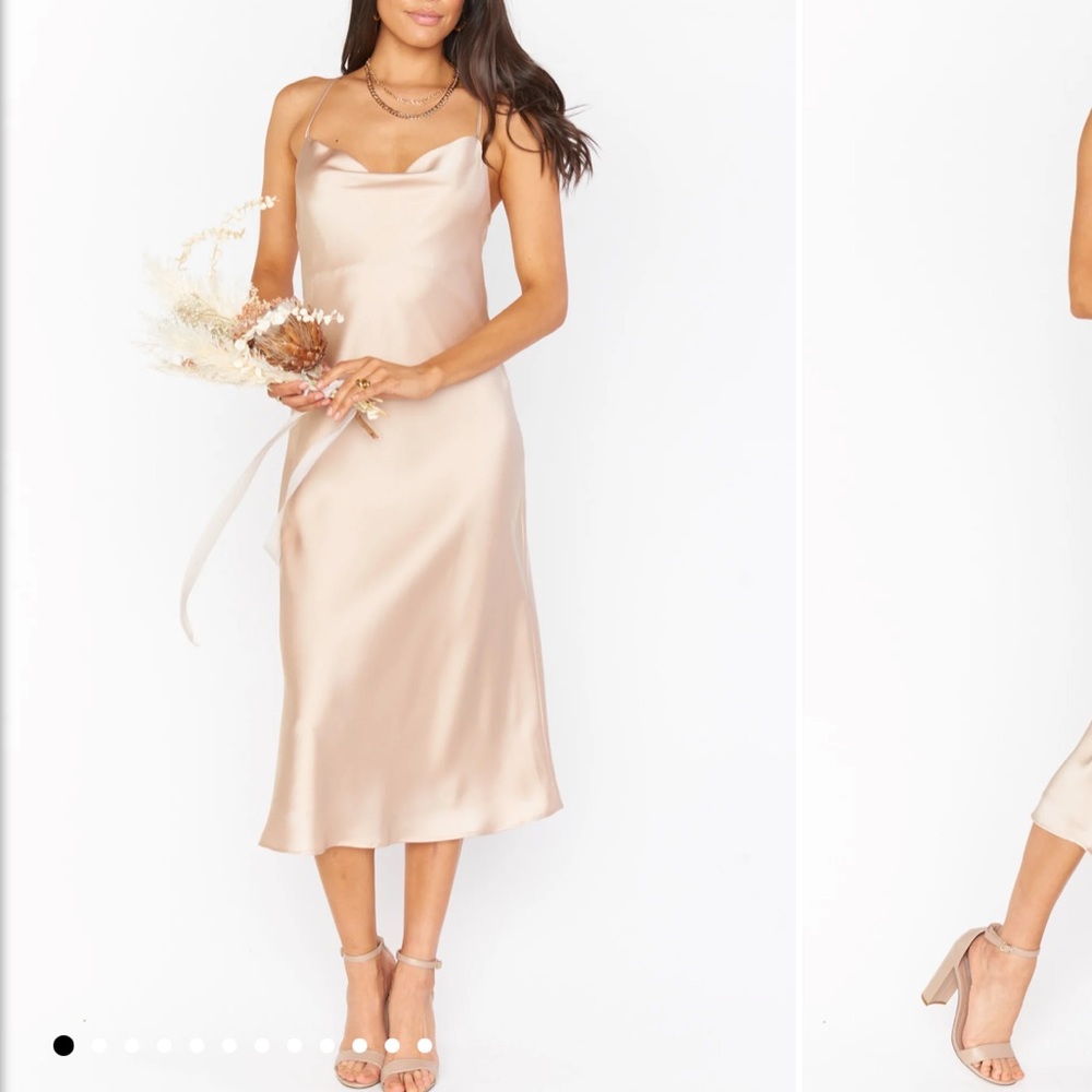 Show me your Mumu champagne luxe satin bridesmaid dress. Will dry clean